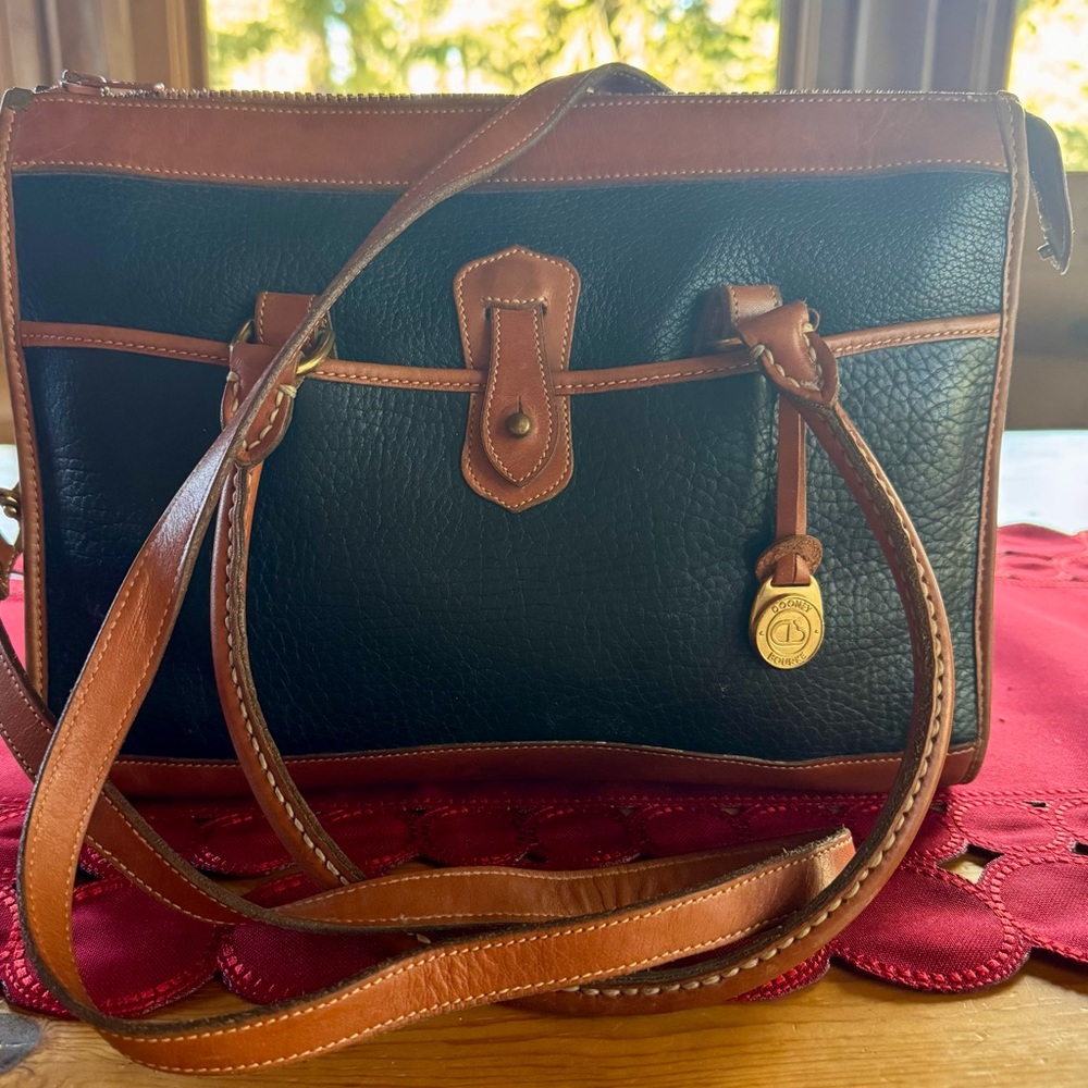 Vintage Dooney & Bourke Satchel in cognac and black pebbled leather.